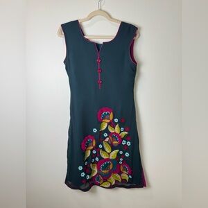 Teal Sleeveless Embroidered Kurta Tunic Floral Hem Ethnic